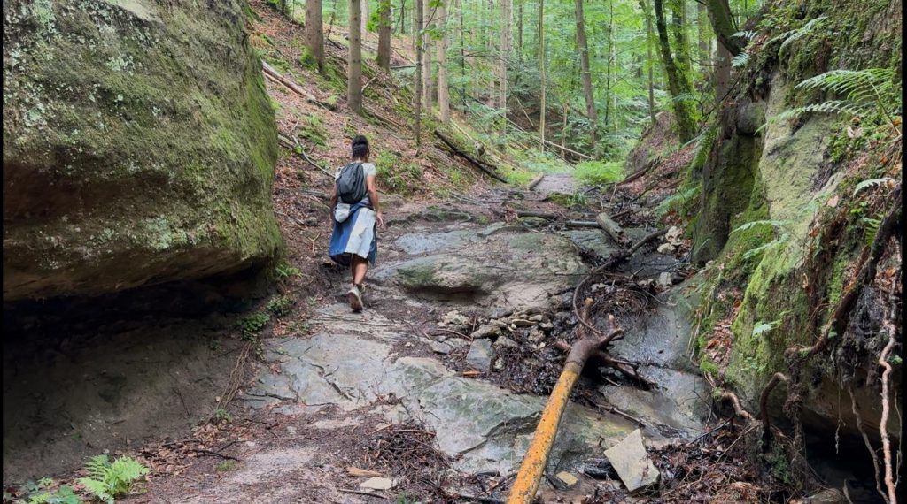 Ein Frau wandert durch die Bondenbachschlucht. Viele Felsen und Wald