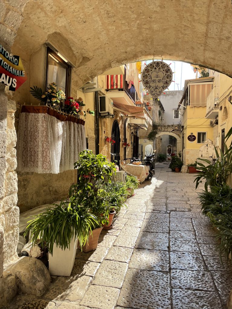 Ein kleiner Einblick in das Viertel Bari Vecchio. Viele Häuser die ahnender gebaut sind, Planzenkübel auf dem Boden