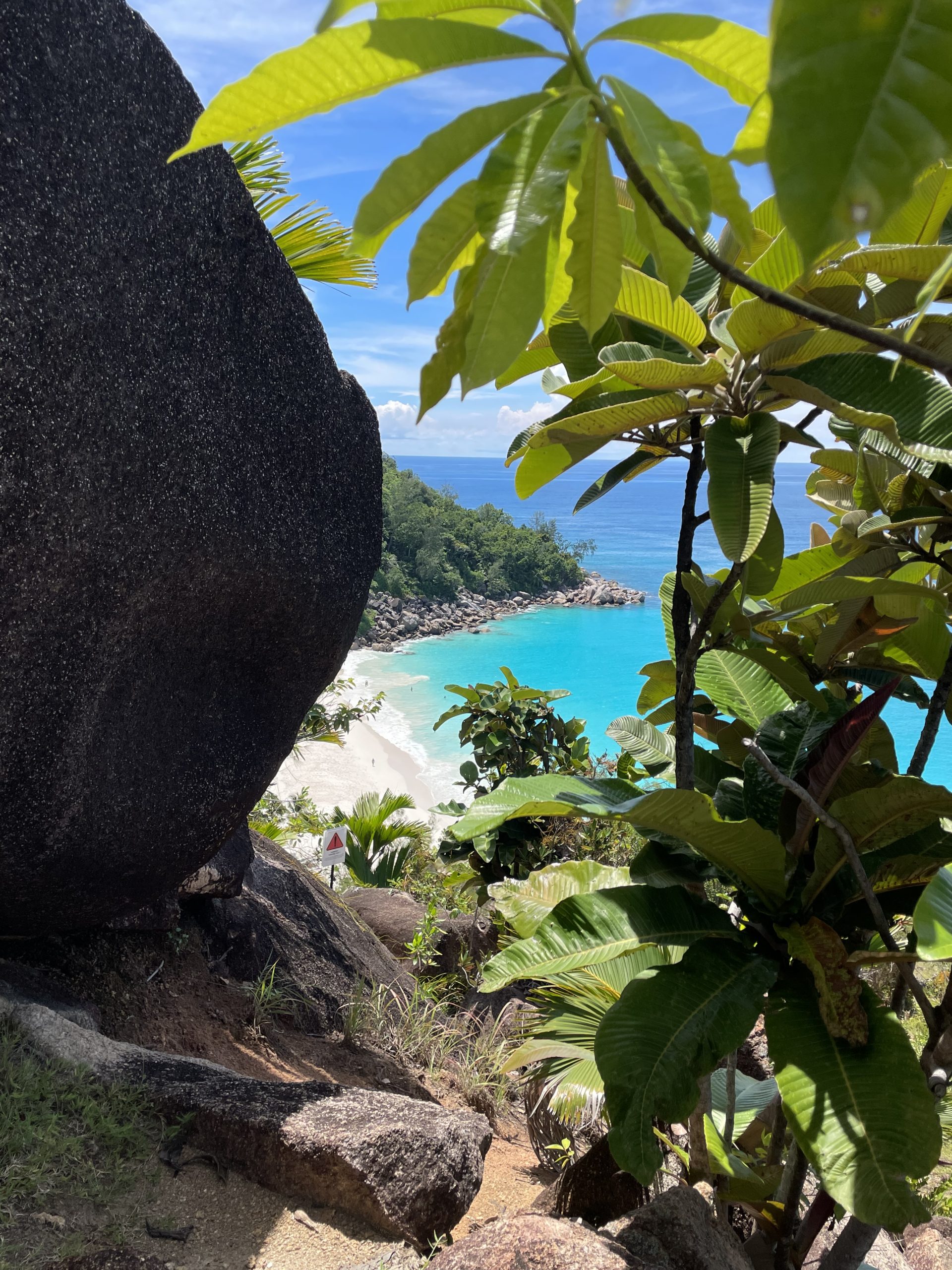 Links ein großer Felsen rechst tropische Pflanzen. Dazwischen sieht man eisenweißen Strand und das Meer leuchten