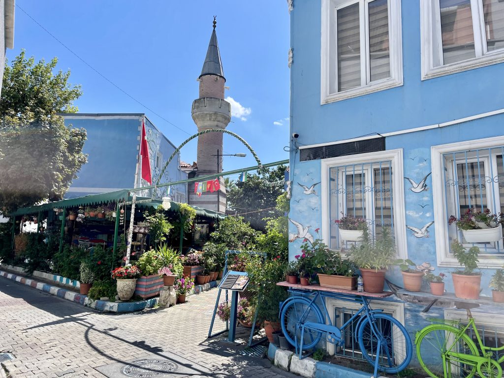 Bunte Straßenszene in Istanbul mit blau gestrichenem Haus, Wandmalerei von Möwen, Blumenkästen, dekorativen Fahrrädern und Minarett im Hintergrund.