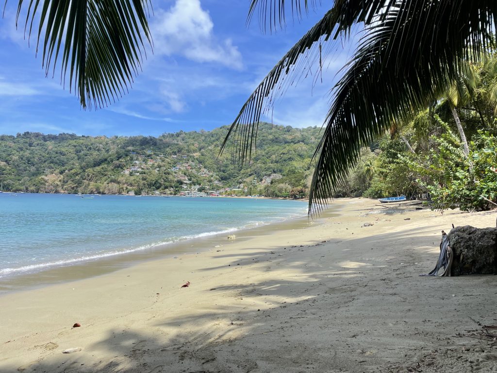 Breiter Strand auf Tobago mit türkisfarbenen Meer am Ende der Bucht ein grüner Hügel