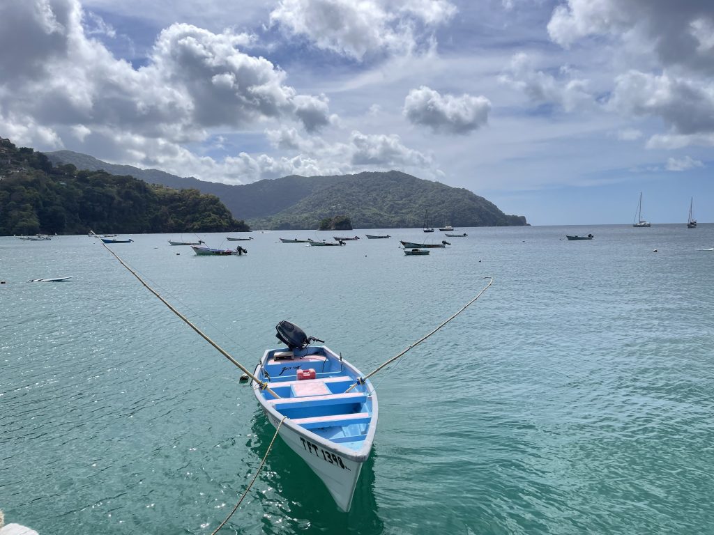 Ein Fischerboot im Vordergrund, mehrere Fischerboote sieht man im Hintergrund der Bucht von Charlotteville auf Tobago